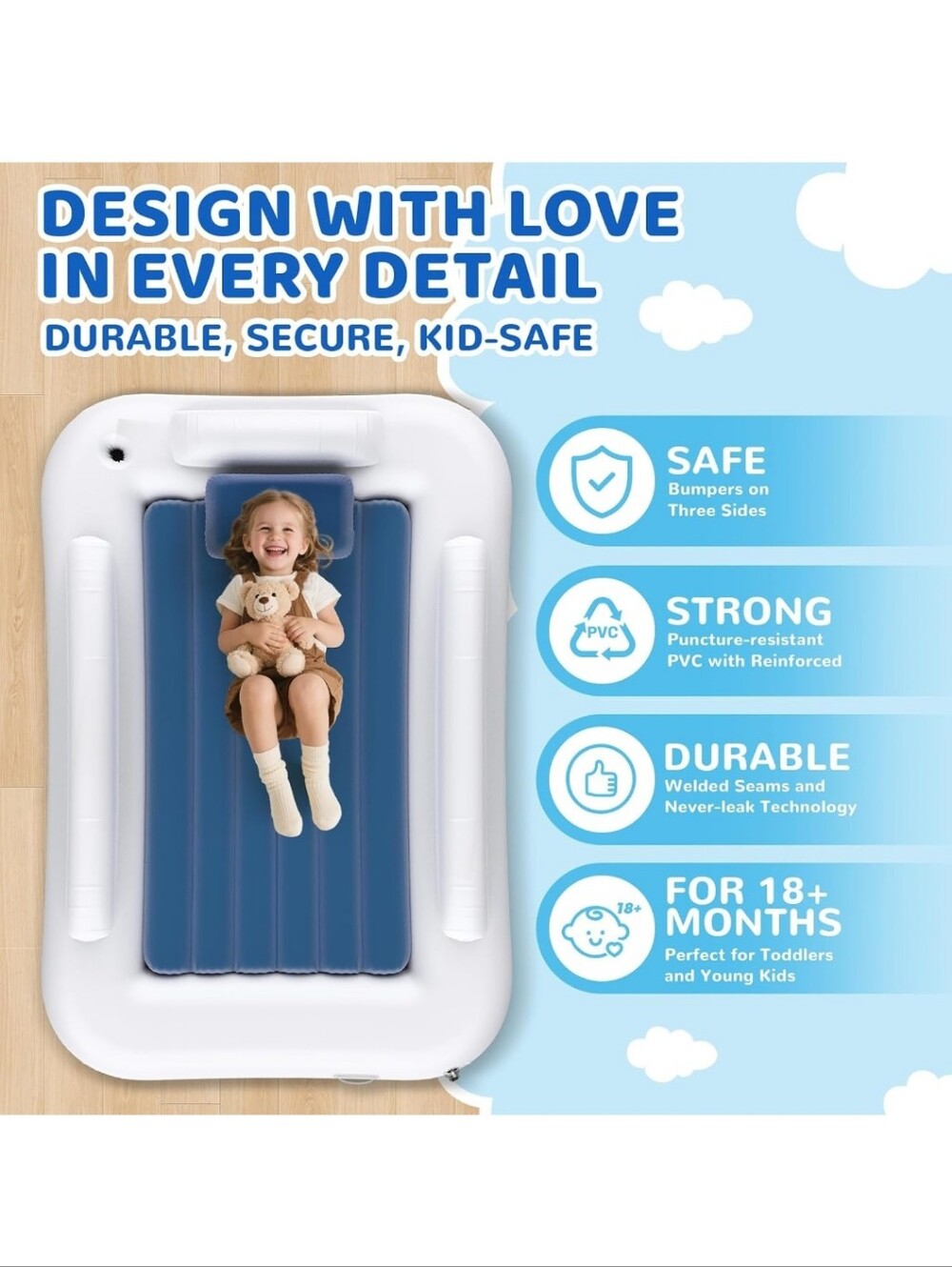 Kids Inflatable Sleep Mat - White and Blue - Picture 8 of 15